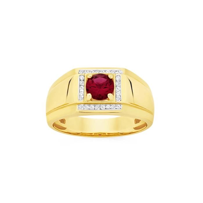 9ct Gold Diamond & Created Ruby Men's Ring