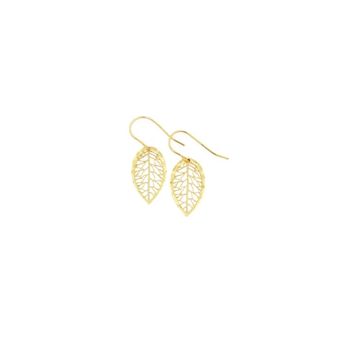 9ct Gold Diamond-Cut Open Leaf Hook Drop Earrings