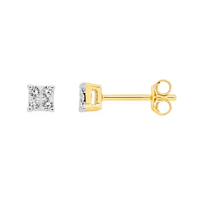 9ct Gold Diamond Square Stud Earrings