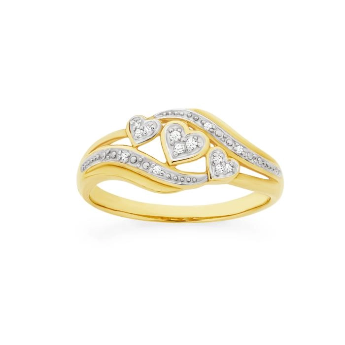 9ct Gold Diamond Triple Hearts Swirl Ring