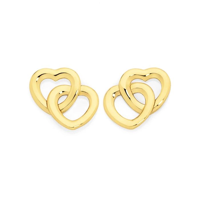 9ct Gold Entwined Double Open Heart Stud Earrings