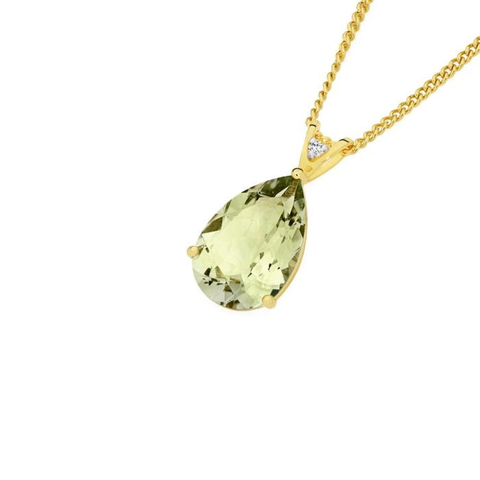 9ct Gold Green Amethyst & Diamond Pendant