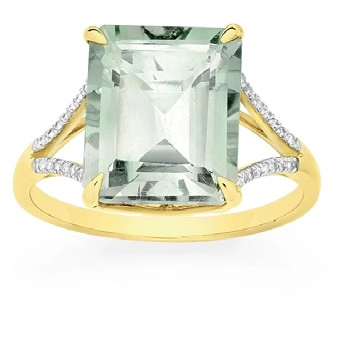 9ct Gold Green Amethyst Emerald Cut Dress Ring