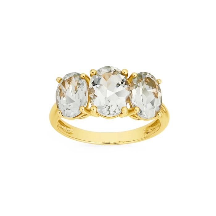 9ct Gold Green Amethyst Oval Trilogy Ring