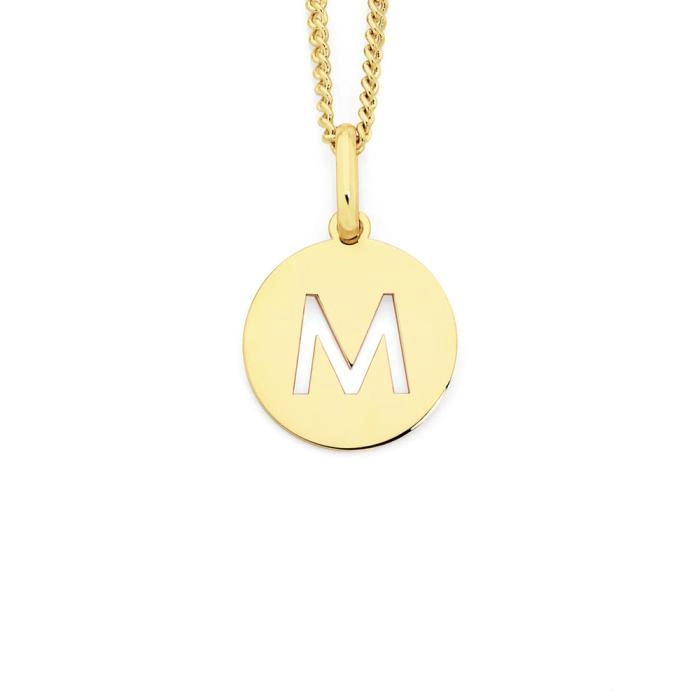 9ct Gold Initial M Sanserif Round Disc Pendant