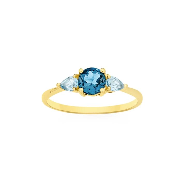 9ct Gold London Blue, Swiss Blue Topaz Trilogy Ring