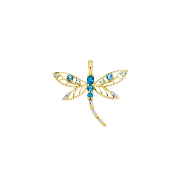 9ct Gold Multi Topaz Open Dragonfly Pendant