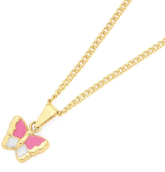 9ct Gold Pink & White Enamel Butterfly Pendant