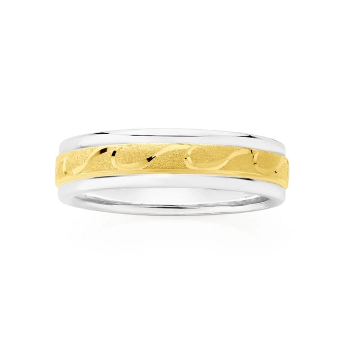 9ct Gold & Silver 6.5mm Satin Wave Centre Men's Ring