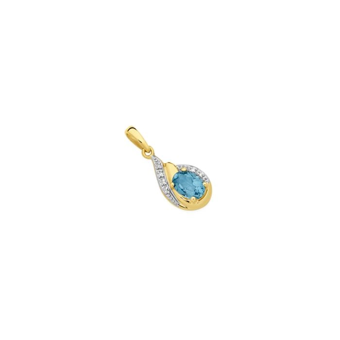 9ct Gold Swiss Blue Topaz & Diamond  Pendant