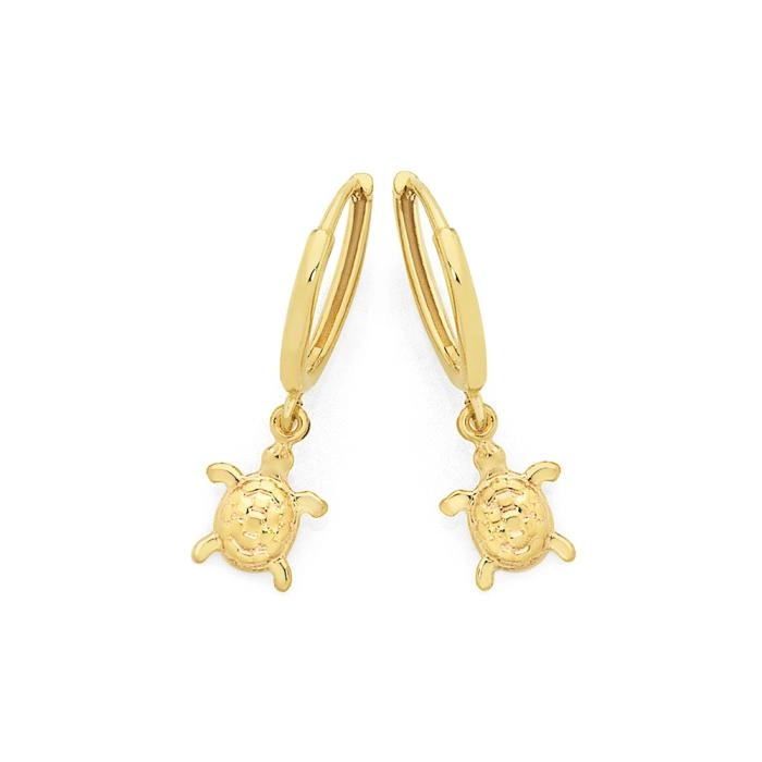 9ct Gold Turtle Drop Huggie Earrings