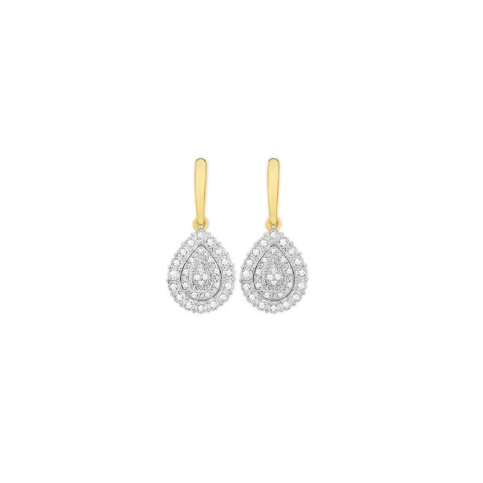 9ct Two Tone Gold Diamond Pear Cluster Drop Stud Earrings