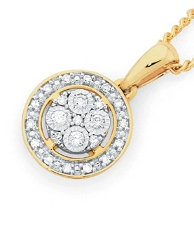 9ct Two Tone Gold Diamond Round Cluster Pendant