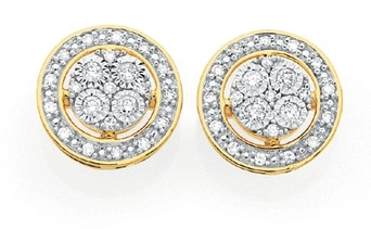 9ct Two Tone Gold Diamond Round Cluster Stud Earrings