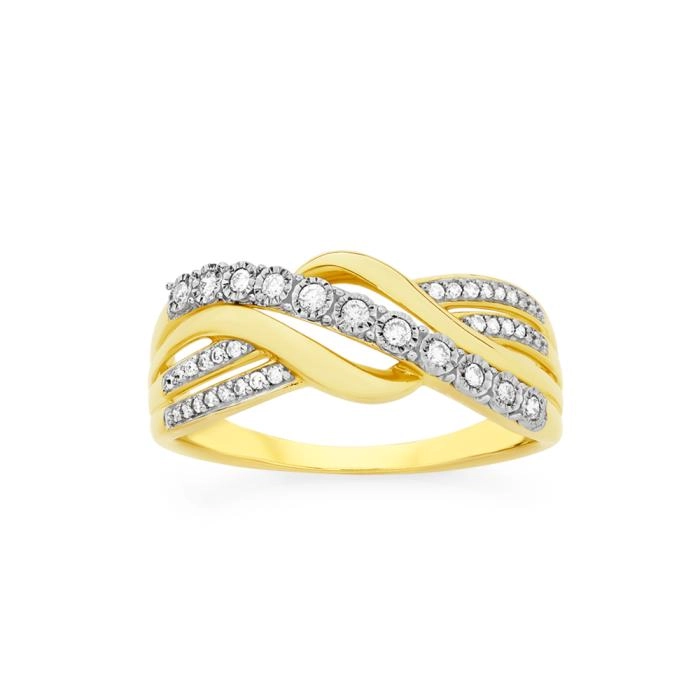 9ct Two Tone Gold Diamond Swirl Crossover Ring