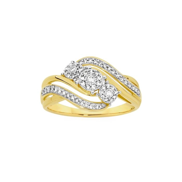 9ct Two Tone Gold Diamond Tri Cluster Ring