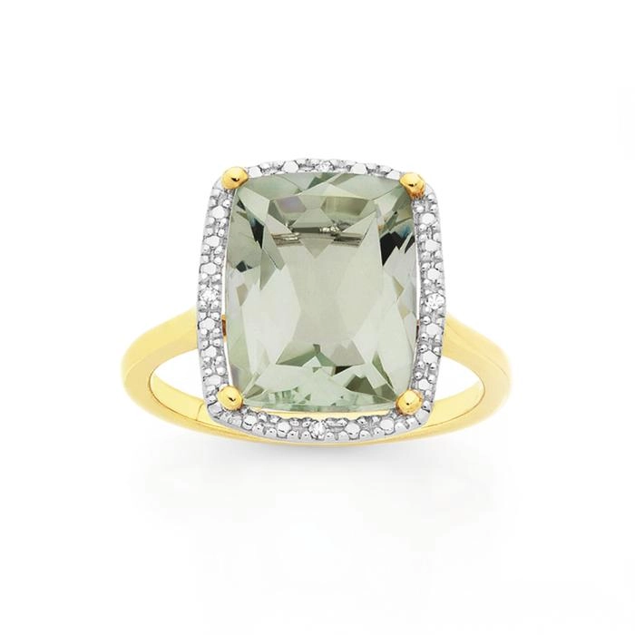 Manhattan G Cocktail Ring Collection - 9ct Gold Green Amethyst Long Cushion Shape Ring