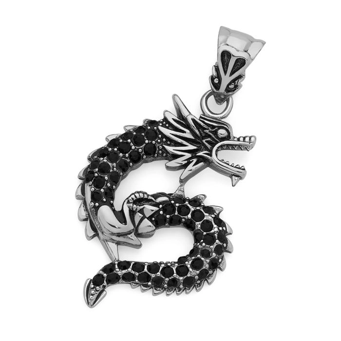 Stainless Steel Black Crystal Pave Dragon Men's Pendant