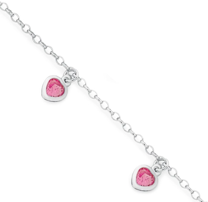 Sterling Silver 17cm Pink Crystal Heart Charm Bracelet