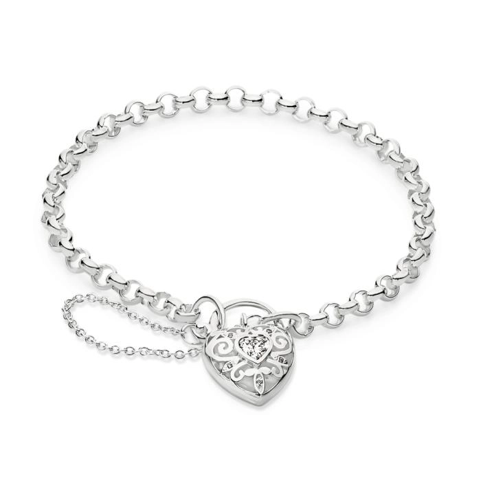 Sterling Silver 19cm Cubic Zirconia Heart Bezel Filigree Padlock Bracelet