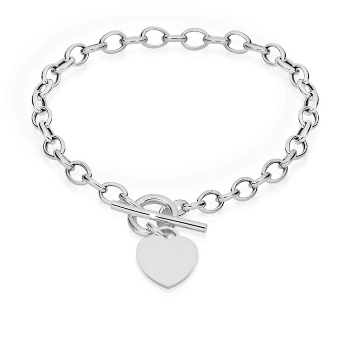 Sterling Silver 19cm Oval Belcher Heart Fob Bracelet