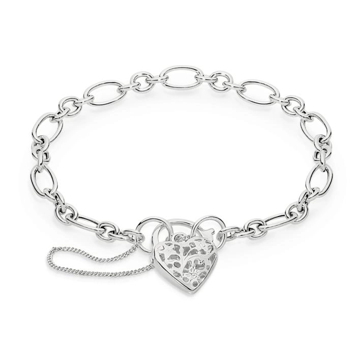 Sterling Silver 19cm Oval & Round Cable Filigree Padlock Bracelet