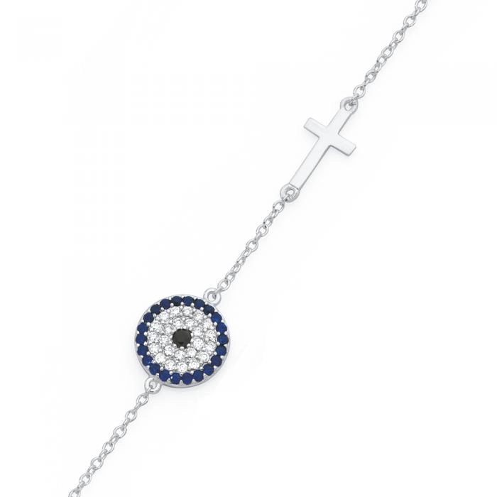 Sterling Silver 20cm Blue & White Cubic Zirconia Evil Eye With Cross Bracelet