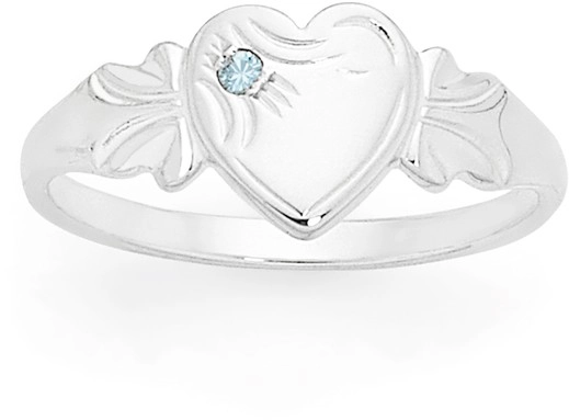 Sterling Silver Aqua Cubic Zirconia Heart Signet