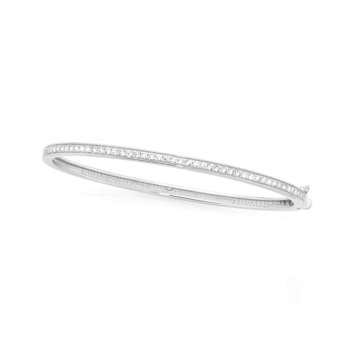 Sterling Silver Bead Set Cubic Zirconia Hinge Bangle