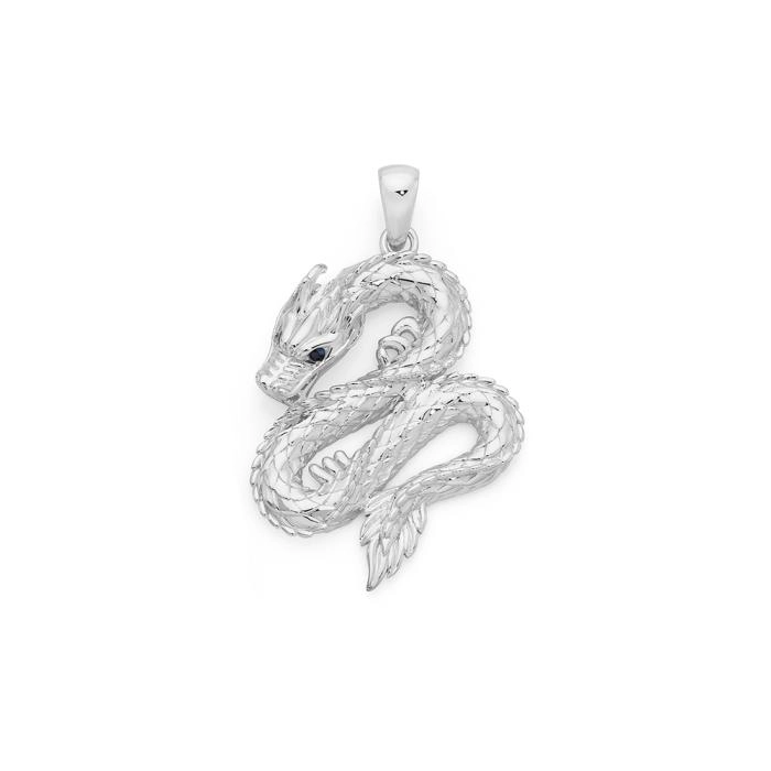 Sterling Silver Black Sapphire Dragon Men's Pendant