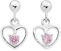 Sterling Silver Childs Pink Cubic Zirconia Heart Drop Earrings