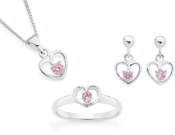 Sterling Silver Childs Pink Cubic Zirconia Heart Pendant, Earrings & Ring Set