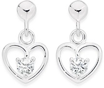 Sterling Silver Childs White Cubic Zirconia Heart Drop Earrings