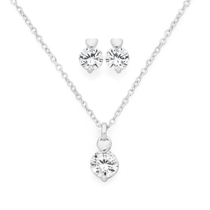 Sterling Silver Cubic Zirconia Claw Set On Plain Heart Earrings & Pendant Set