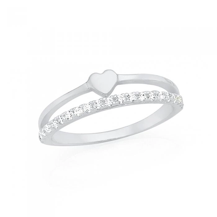 Sterling Silver Cubic Zirconia Double Line Heart Ring