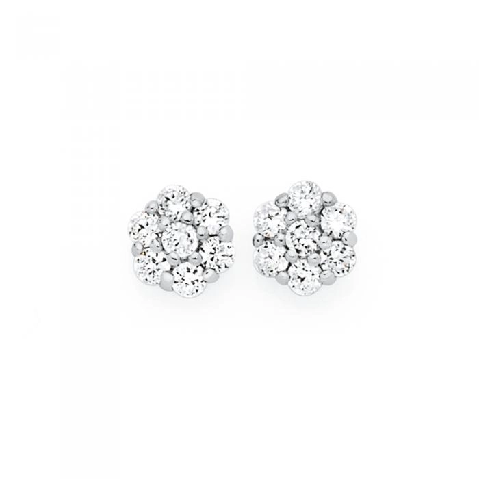 Sterling Silver Cubic Zirconia Flower Cluster Stud Earrings