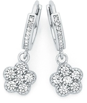 Sterling Silver Cubic Zirconia Pave Flower on Cubic Zirconia Hoop Earrings