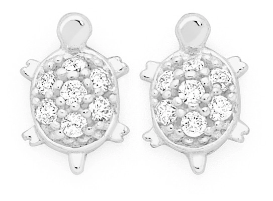 Sterling Silver Cubic Zirconia Pave Turtle Stud Earrings