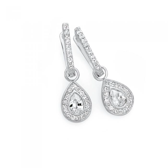 Sterling Silver Cubic Zirconia Pear Fancy Drop Earrings