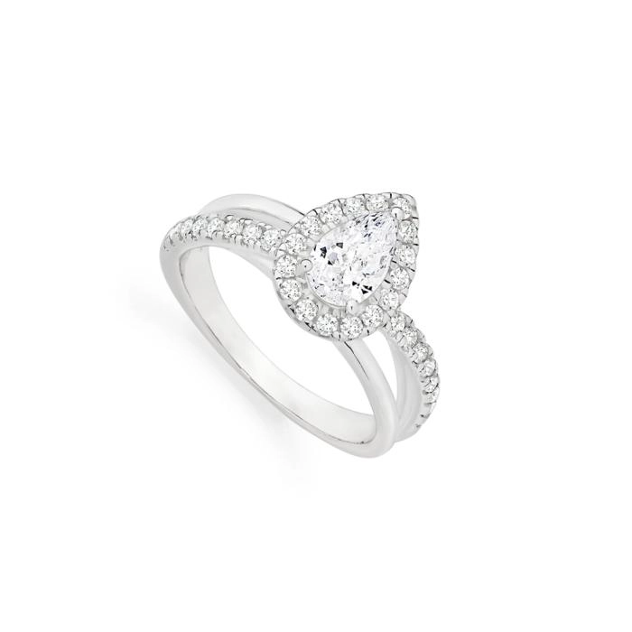 Sterling Silver Cubic Zirconia Pear Halo 2 Row Crossover Ring