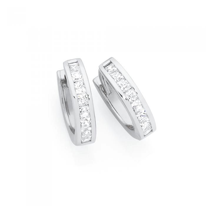 Sterling Silver Cubic Zirconia Princess Cut Channel Set Huggie Earrings