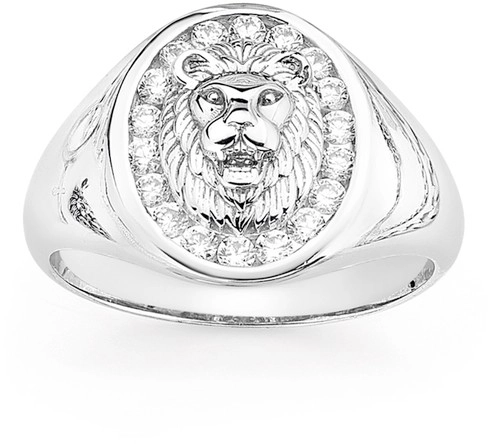 Sterling Silver Cubic Zirconia Surround Lion Head Oval Signet Men's Ring