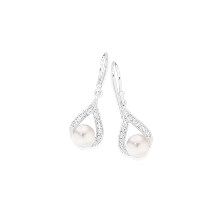 Sterling Silver Cultured Freshwater Pearl Cubic Zirconia Open Pear Drops