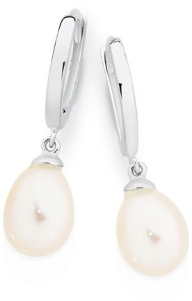 Sterling Silver Cultured Freshwater Pearl Drop on Huggie Earrings