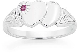 Sterling Silver Double Heart Created Ruby Signet Ring