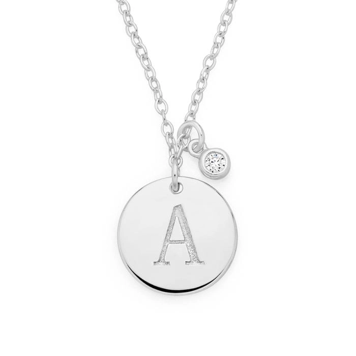 Sterling Silver Initial A Disc With Cubic Zirconia Charm Necklace