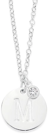 Sterling Silver Initial M Disc With Cubic Zirconia Charm Necklace