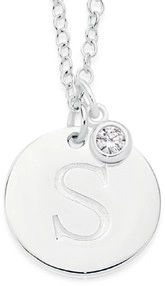 Sterling Silver Initial S Disc With Cubic Zirconia Charm Necklace