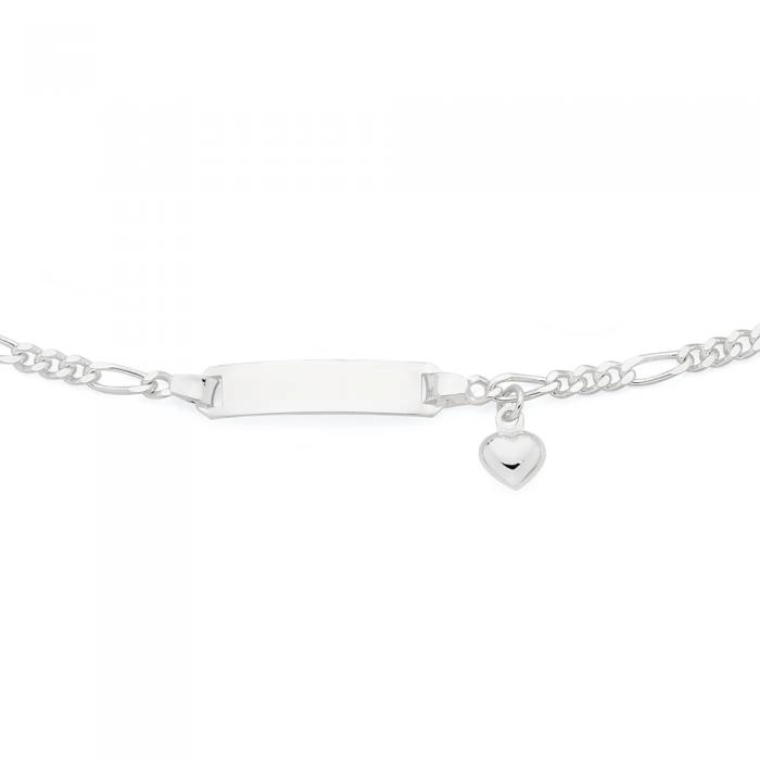 Sterling Silver Kids 16.5cm Figaro 3+1 Identity Heart Charm Bracelet