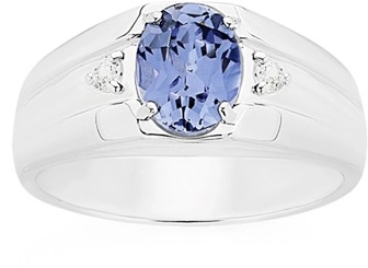 Sterling Silver Oval Created Sapphire Centre Cubic Zirconia Side Men's Ring